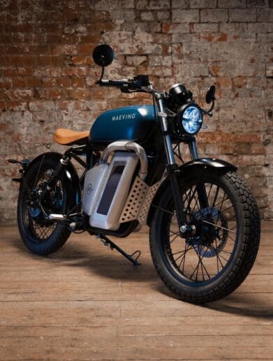 A view of the Meaning RM1 Electric Boardtracker motorcycle, complete with swappable batteries