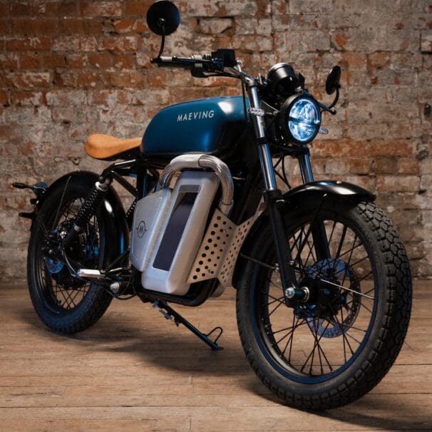 A view of the Meaning RM1 Electric Boardtracker motorcycle, complete with swappable batteries