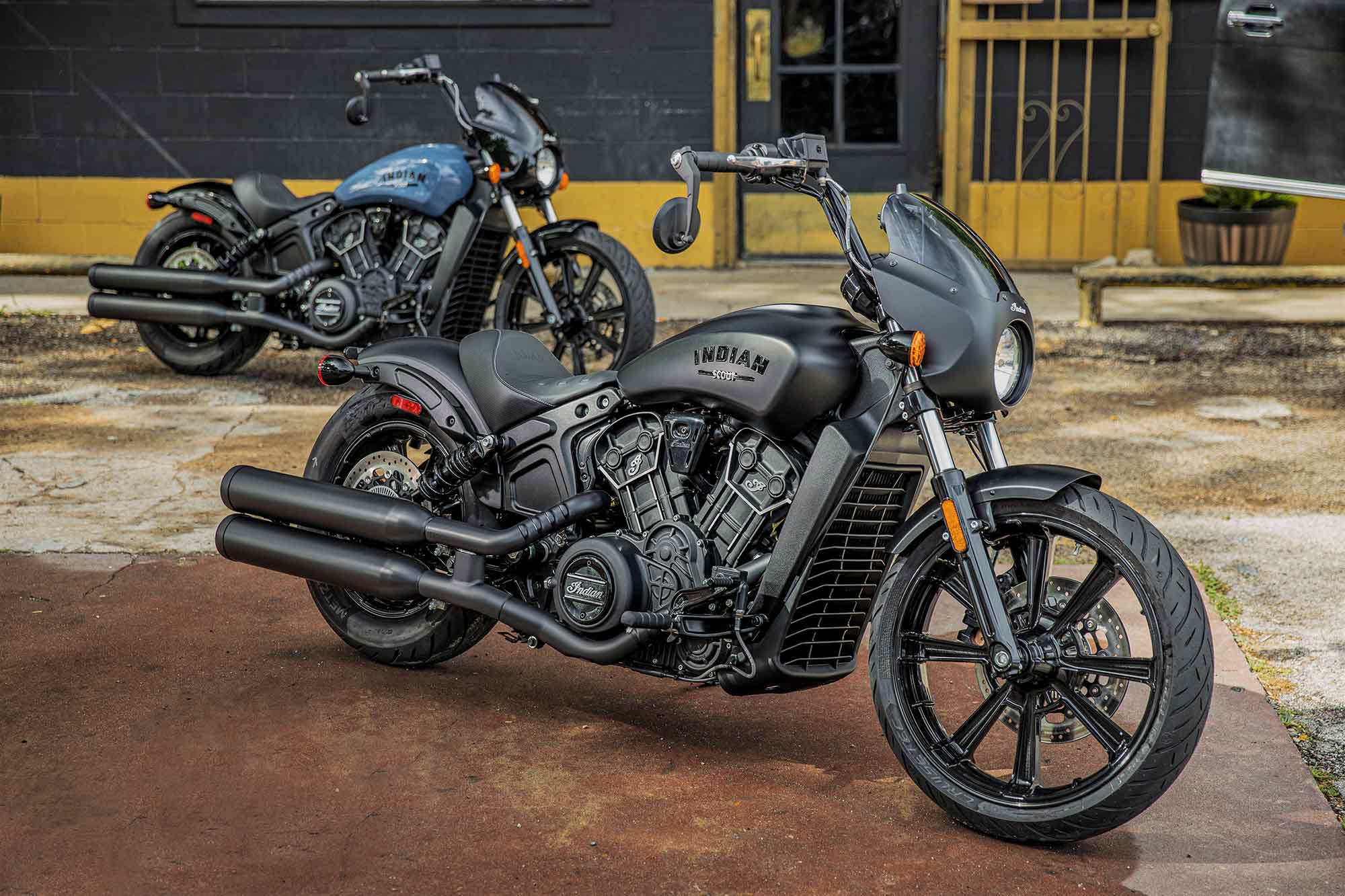 A view of METZELER tyres on the 202 Indian Scout Rogue and Scout Rogue Sixty