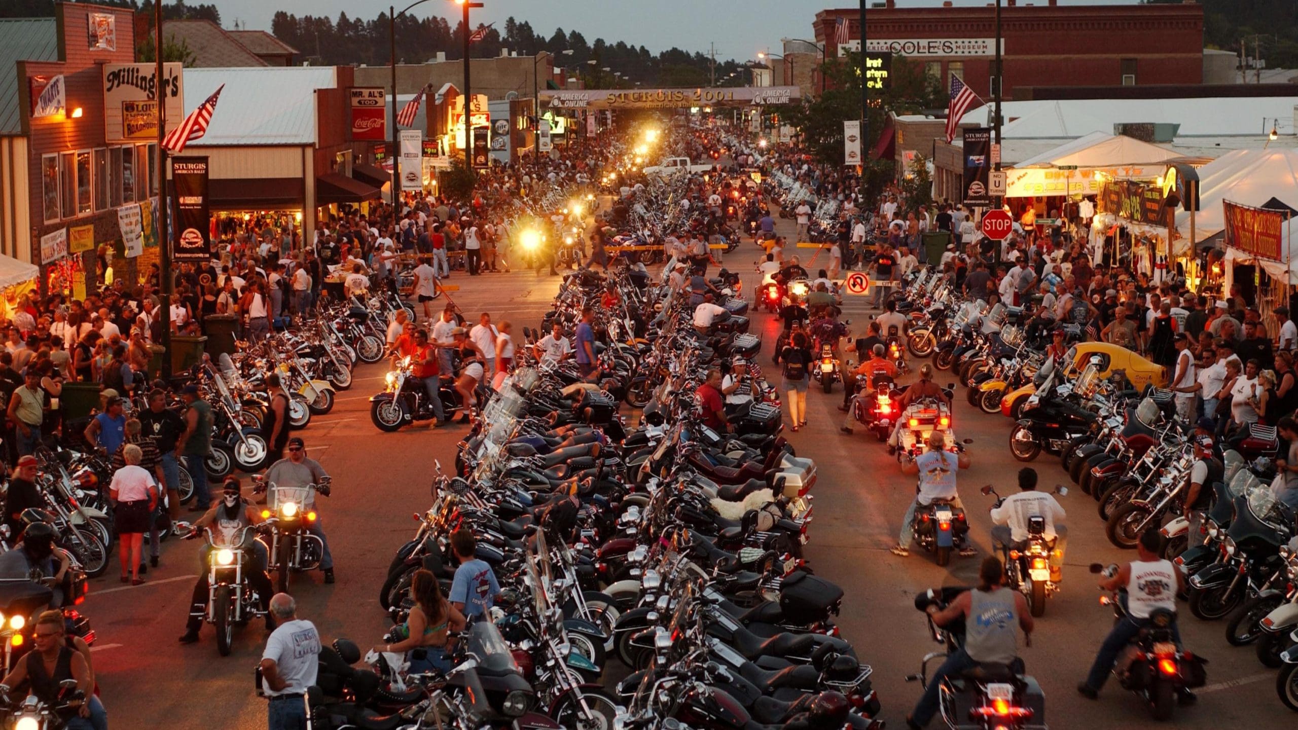 A view of a motorcycle rally that took place in 2021: Many motorcycles ride around as riders reacquaint each other post-COVID