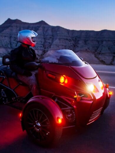 A view of the three-wheeled vehicles owned by Arcimoto Inc.