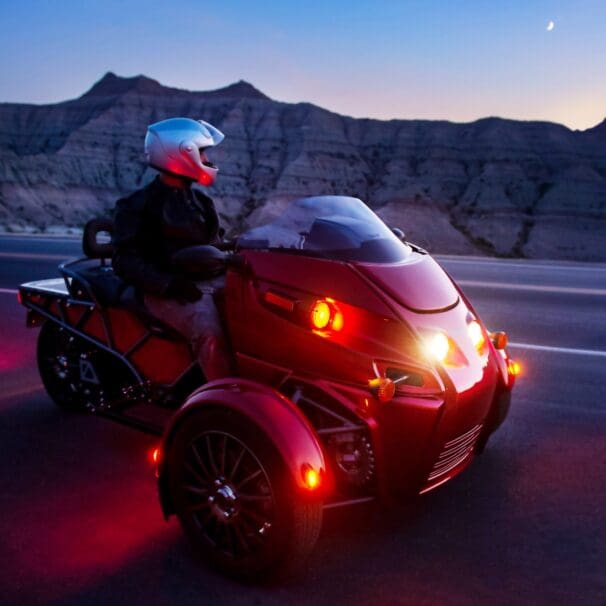 A view of the three-wheeled vehicles owned by Arcimoto Inc.