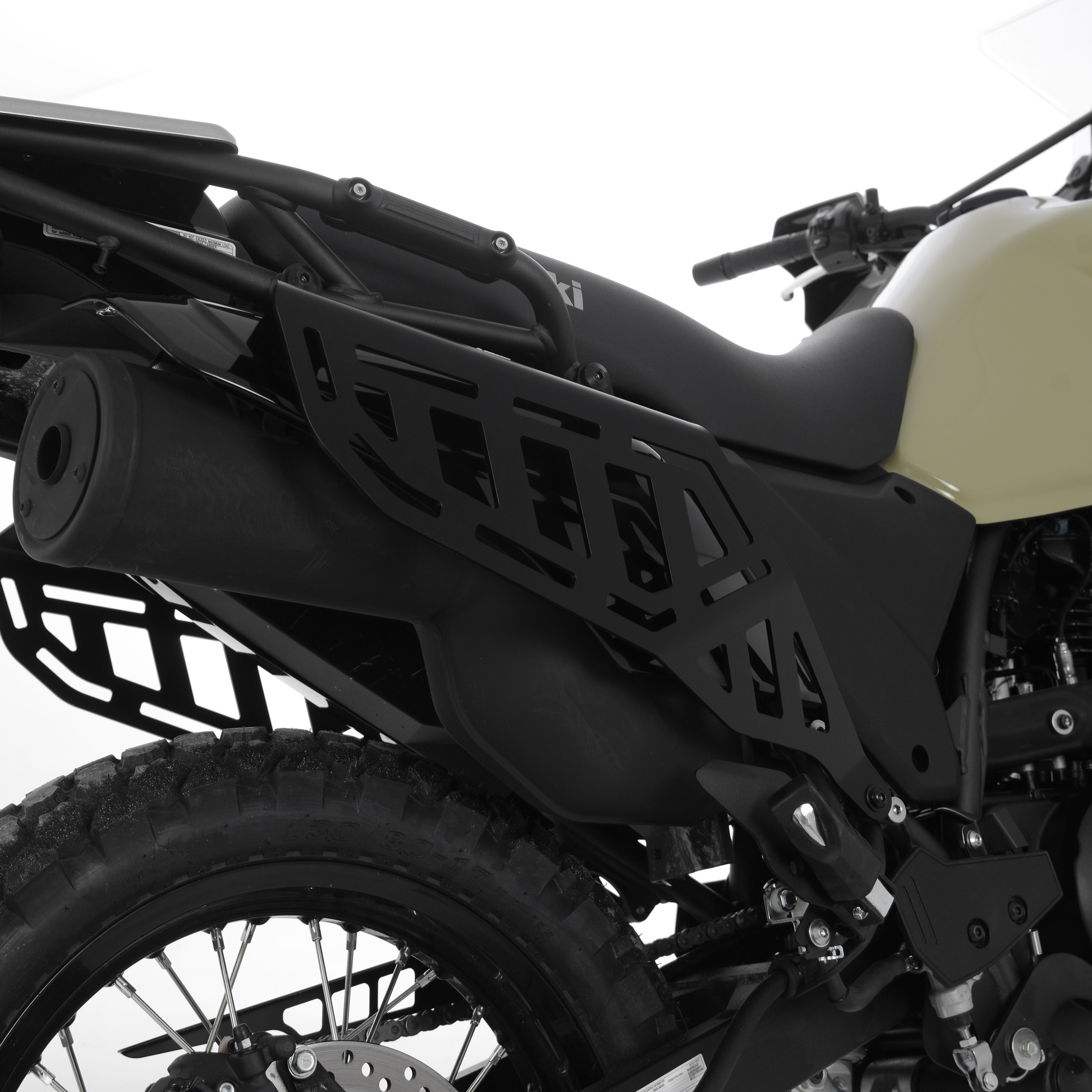 A view of the all-new R&G crash protection kit available for the KLR 650 offered by Kawasaki