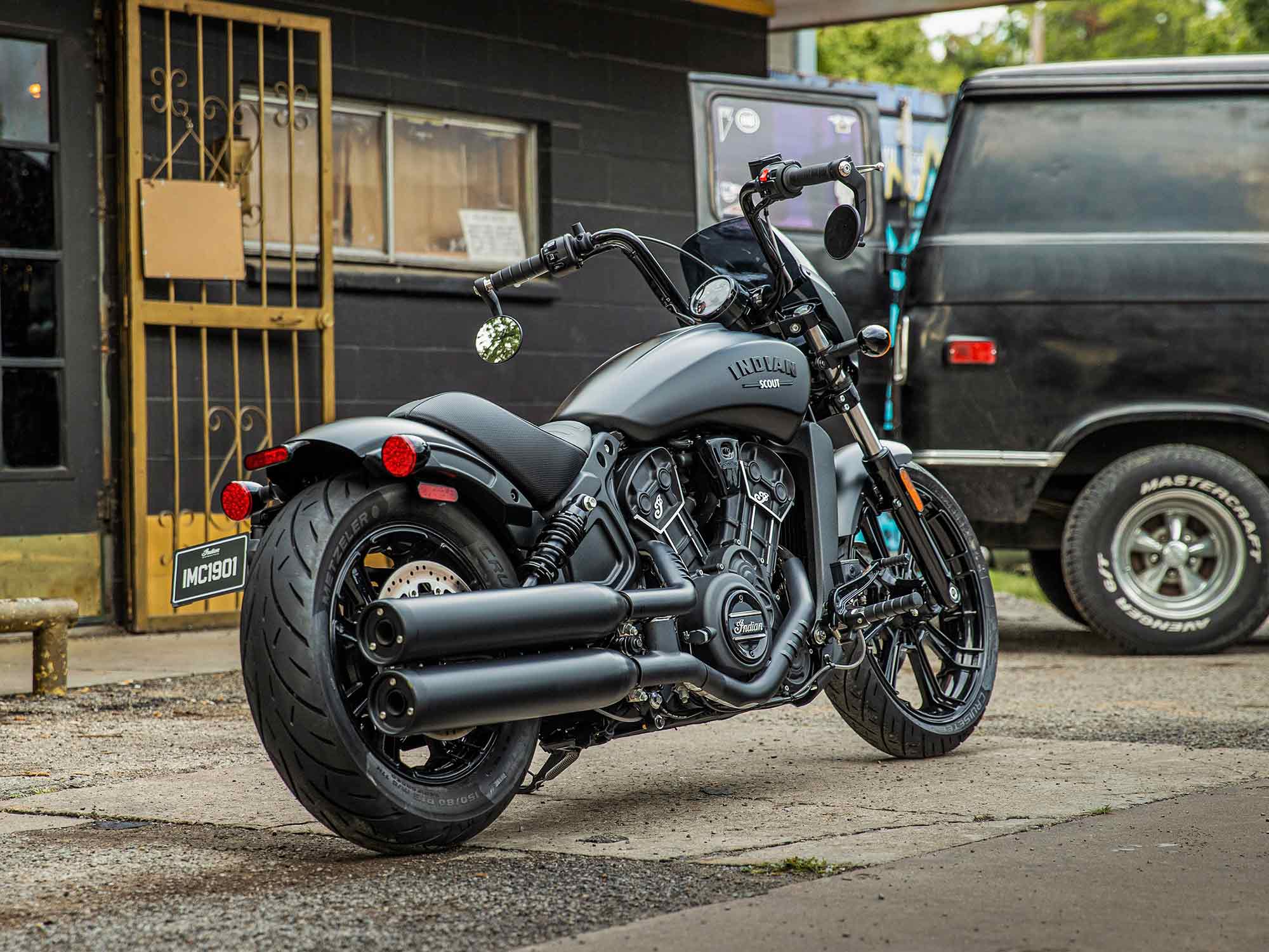 A view of METZELER tyres on the 202 Indian Scout Rogue and Scout Rogue Sixty