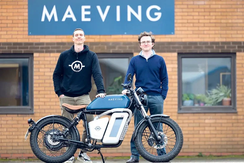 A view of the Meaning RM1 Electric Boardtracker motorcycle, complete with swappable batteries