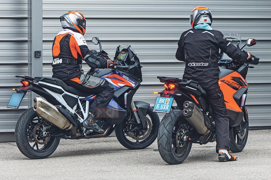 A view of the KTM Super Adventure being taken for a scoot about the block with road-going tires, Ducati Pike Peak style.