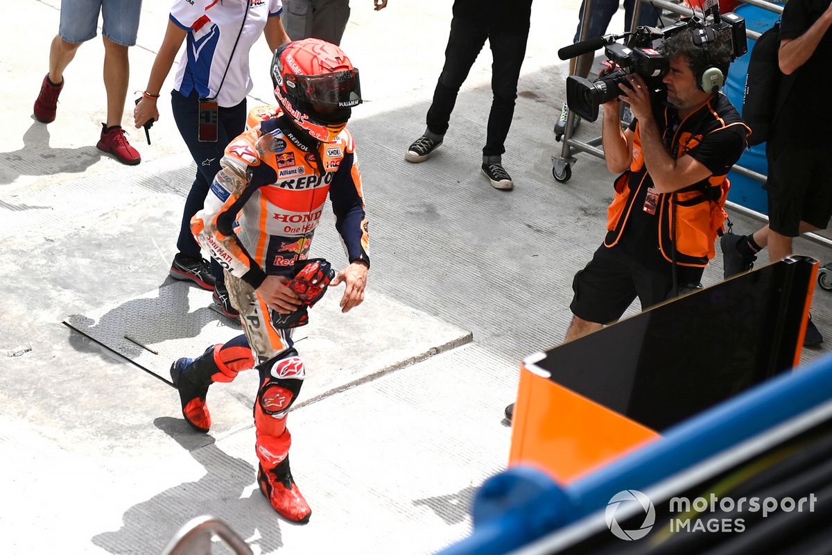 A view of Marc Marquez at the warmup session on Sunday, enduring a horrific crash that was partially responsible for the racer's return of diplopia symptoms