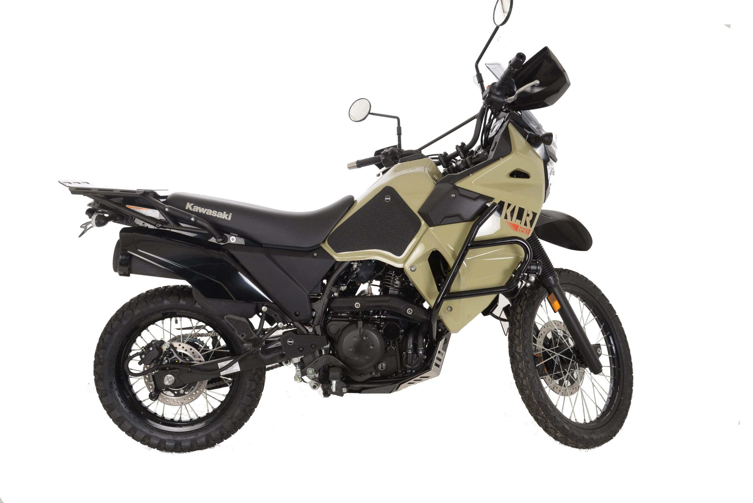 A view of the all-new R&G crash protection kit available for the KLR 650 offered by Kawasaki