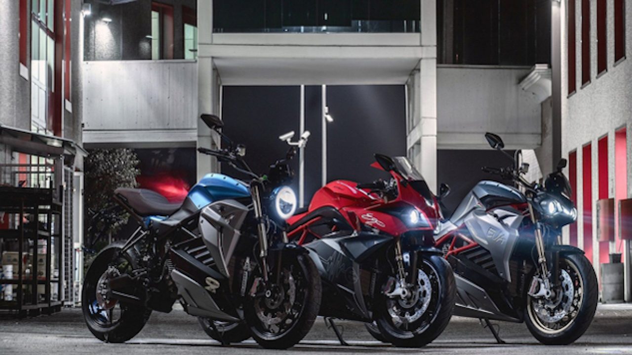 Energica motorcycles in a diagonal lineup