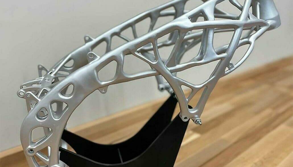 A view of the new 3D-printed motorcycle frame that the University of Nerija, based out of Spain, has just put together