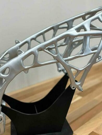 A view of the new 3D-printed motorcycle frame that the University of Nerija, based out of Spain, has just put together