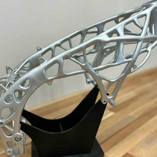 A view of the new 3D-printed motorcycle frame that the University of Nerija, based out of Spain, has just put together