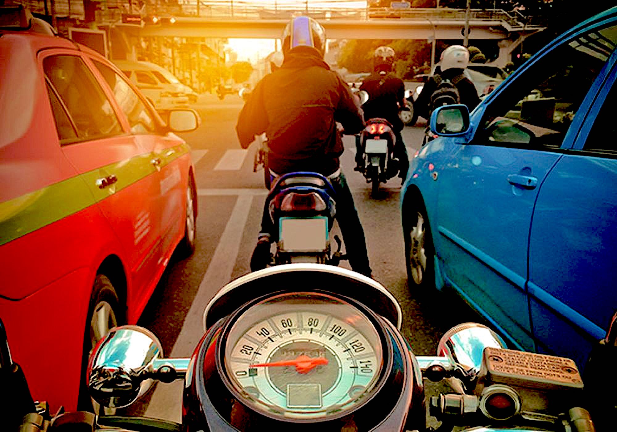 A view of motorcyclists lane splitting