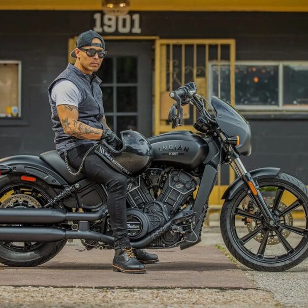 A view of METZELER tyres on the 202 Indian Scout Rogue and Scout Rogue Sixty