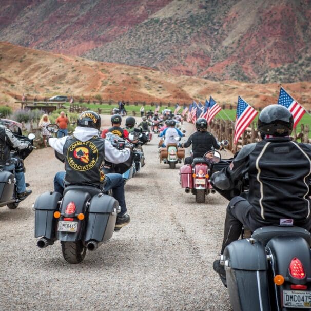 A view of a motorcycle rally that took place in 2021: Many motorcycles ride around as riders reacquaint each other post-COVID