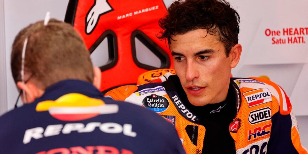 A view of Marc Marquez at the warmup session on Sunday, enduring a horrific crash that was partially responsible for the racer's return of diplopia symptoms