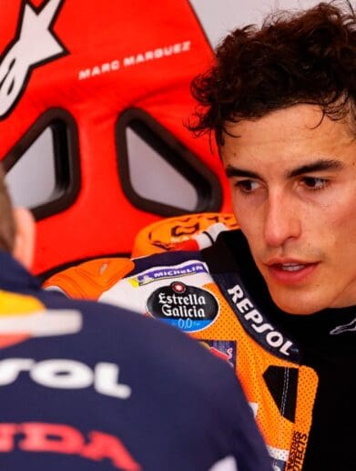 A view of Marc Marquez at the warmup session on Sunday, enduring a horrific crash that was partially responsible for the racer's return of diplopia symptoms