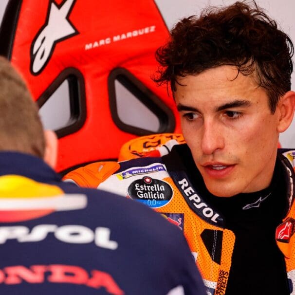 A view of Marc Marquez at the warmup session on Sunday, enduring a horrific crash that was partially responsible for the racer's return of diplopia symptoms