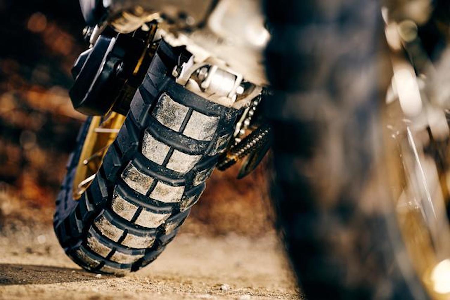 A view of the Metzeler Karoo 4 knobbly tyres, available as of this month