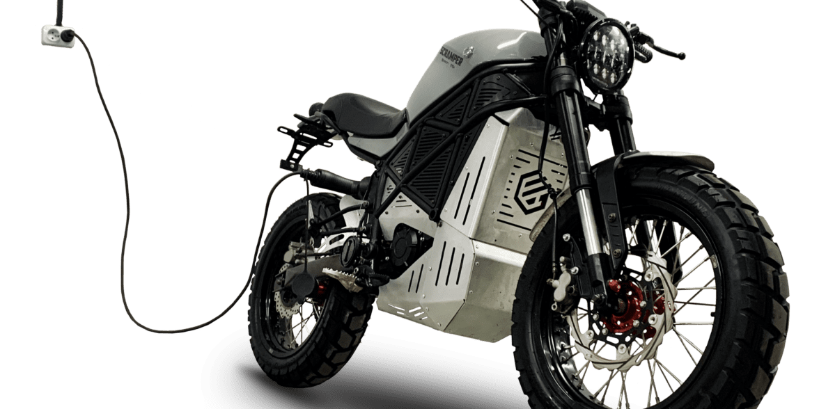 A view of EmGo Technology's ScrAmper electric motorcycle