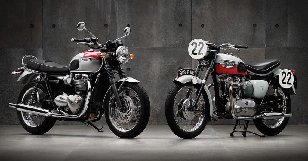 A side image of Triumph's original T120 set against the current-day T120