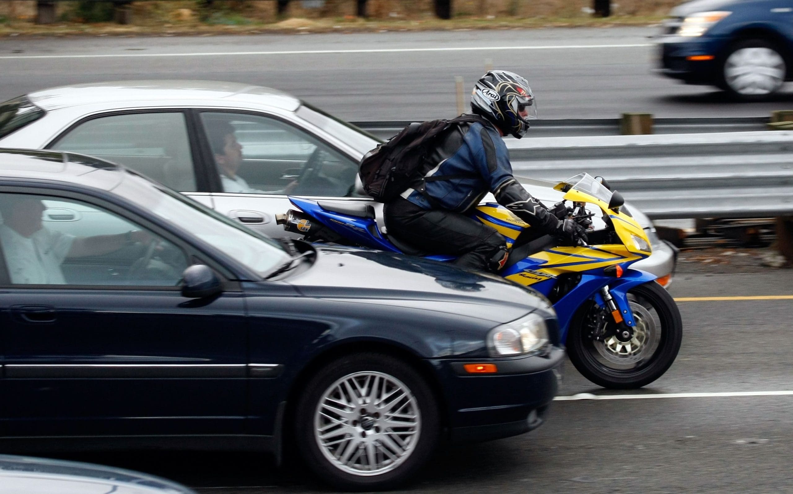 A view of motorcyclists lane splitting