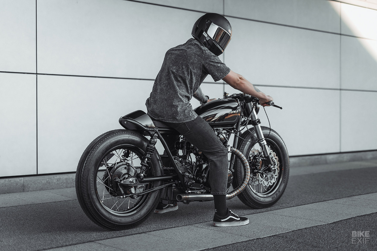 a 1979 Yammie XS650 from custom bike shop Motocrew that features a long, blacked out aesthetic