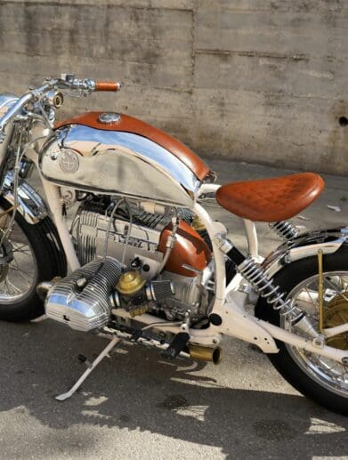 A view of the BMW SURVIVOR - Lord Drake Custom's newest cafe racer offering out if their shop in Spain