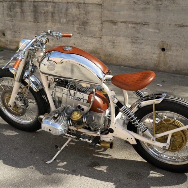 A view of the BMW SURVIVOR - Lord Drake Custom's newest cafe racer offering out if their shop in Spain