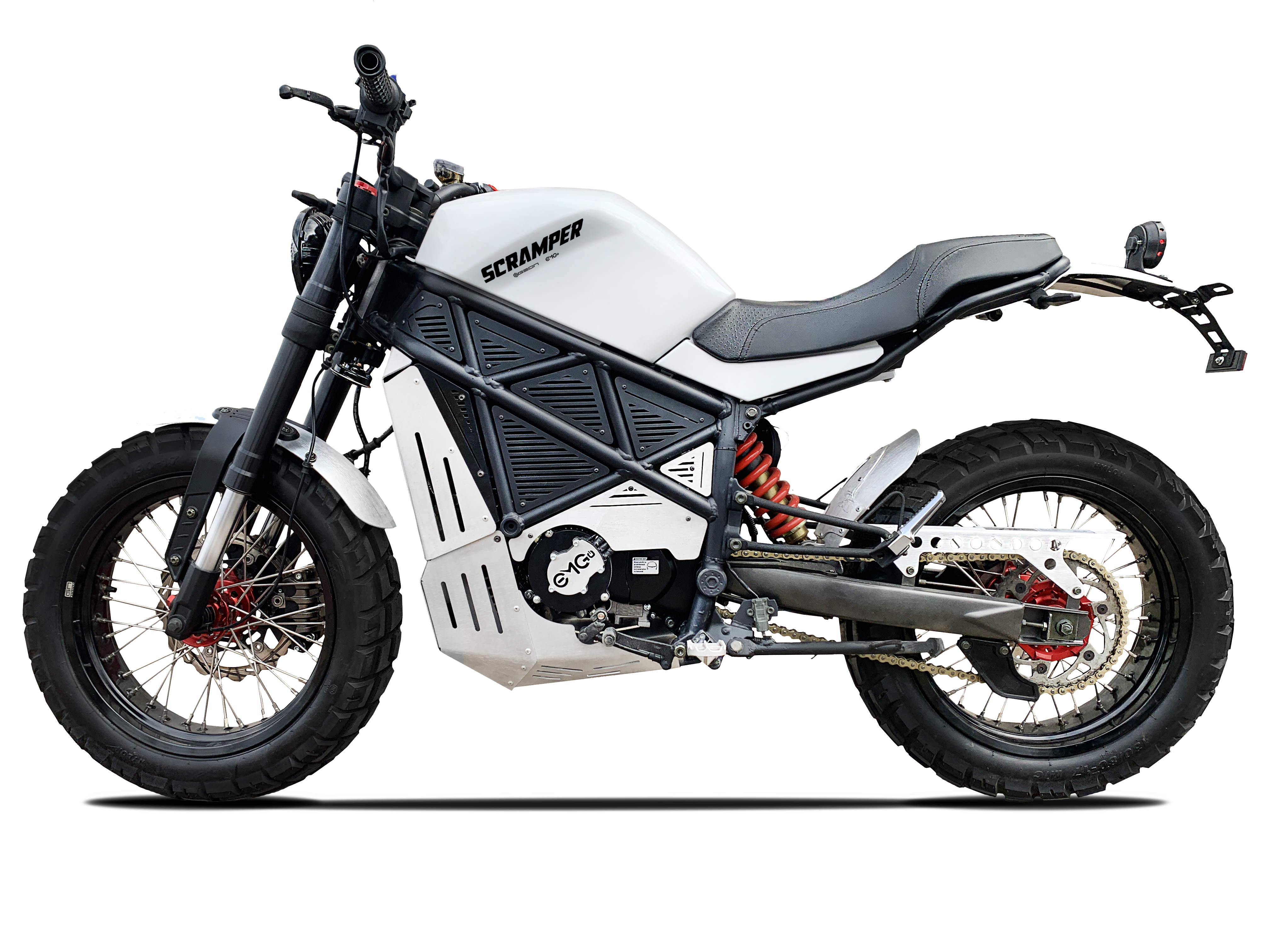 A view of EmGo Technology's ScrAmper electric motorcycle