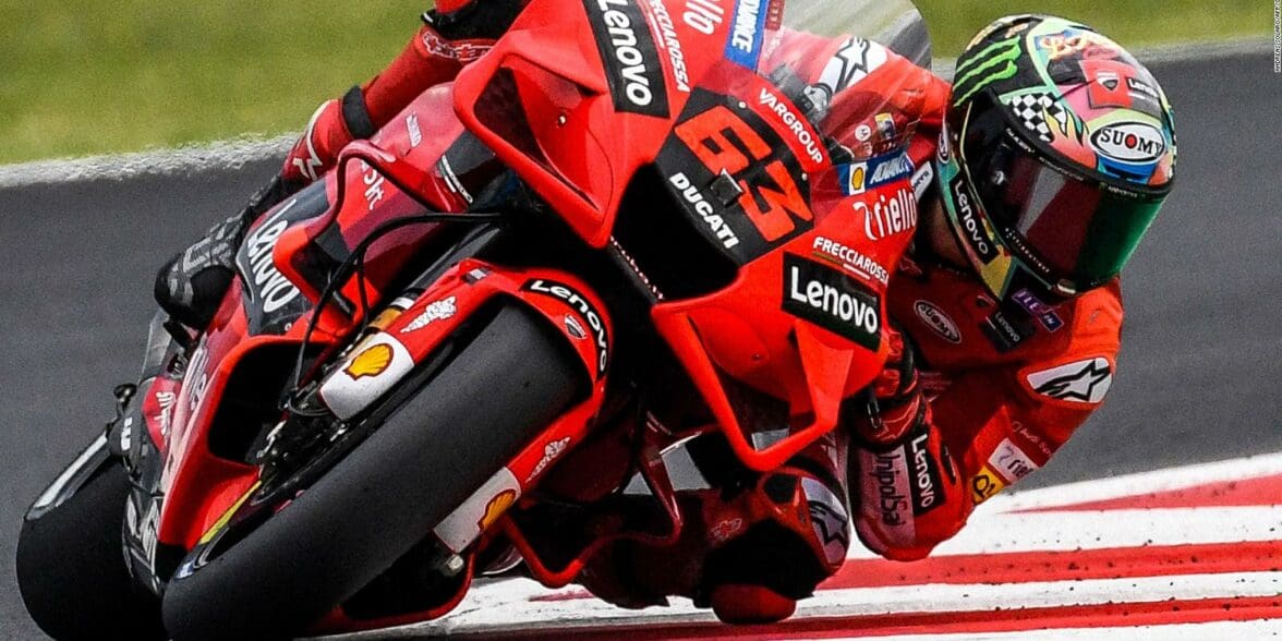 A view of Pecco Bagnaia atop his Ducati Lenovo machine, which was purportedly not yet ready for him by the time this past weekend came around.