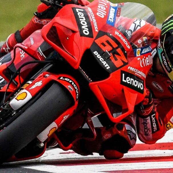 A view of Pecco Bagnaia atop his Ducati Lenovo machine, which was purportedly not yet ready for him by the time this past weekend came around.