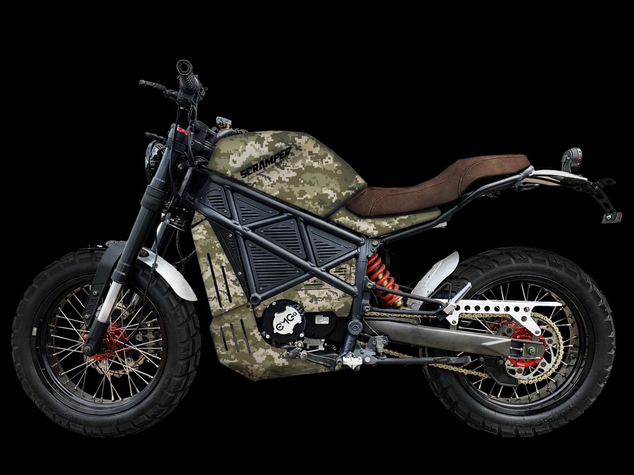 A view of EmGo Technology's ScrAmper electric motorcycle