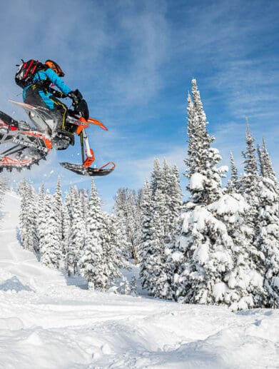 A view of the timber sled kits available for dirt bikes to romp in snow-filled winter seasons