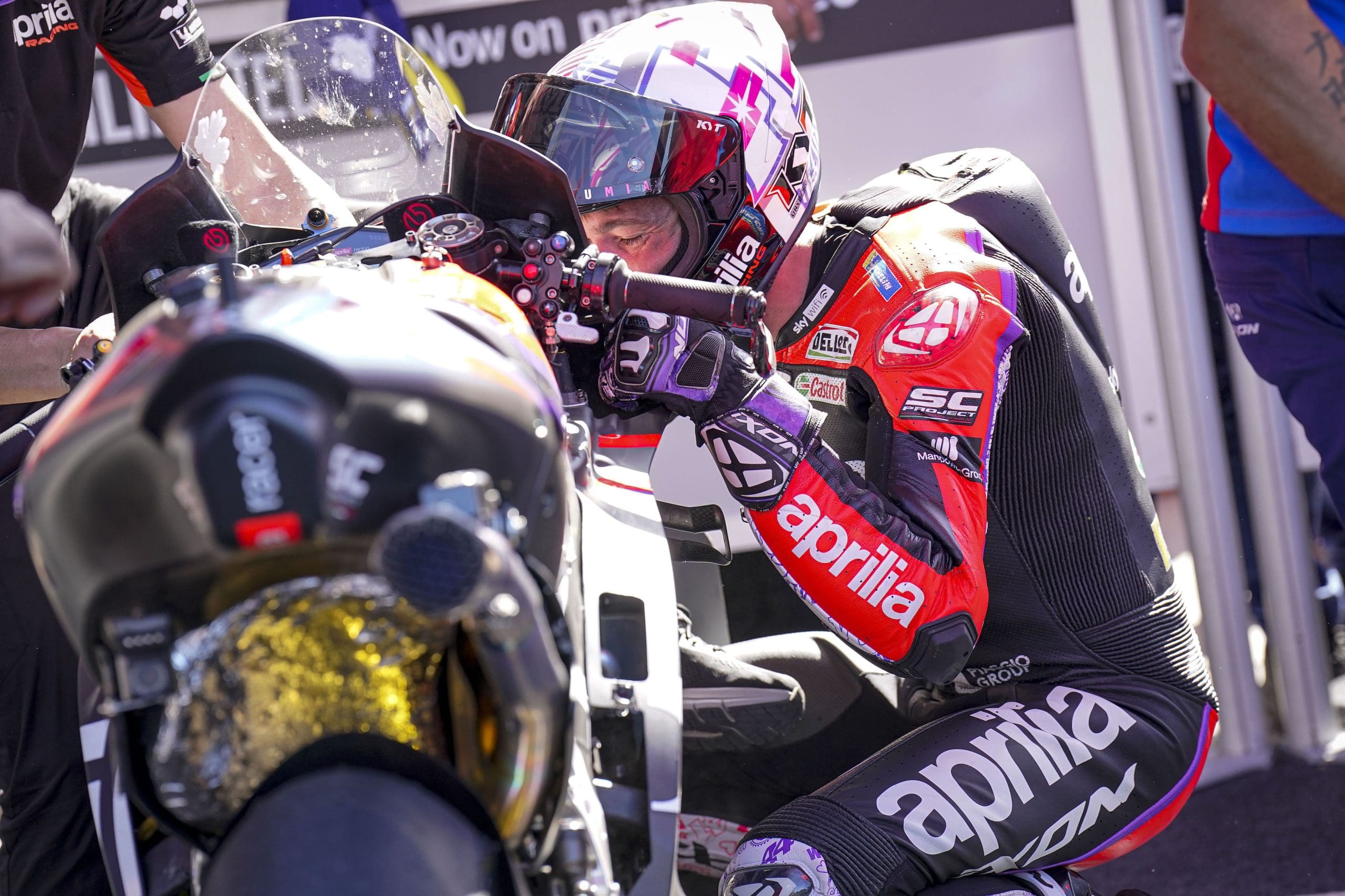 A view of the bike that Aprilia Racer Aleix Espargaró used to snatch the first trophy for Aprilia since 2004