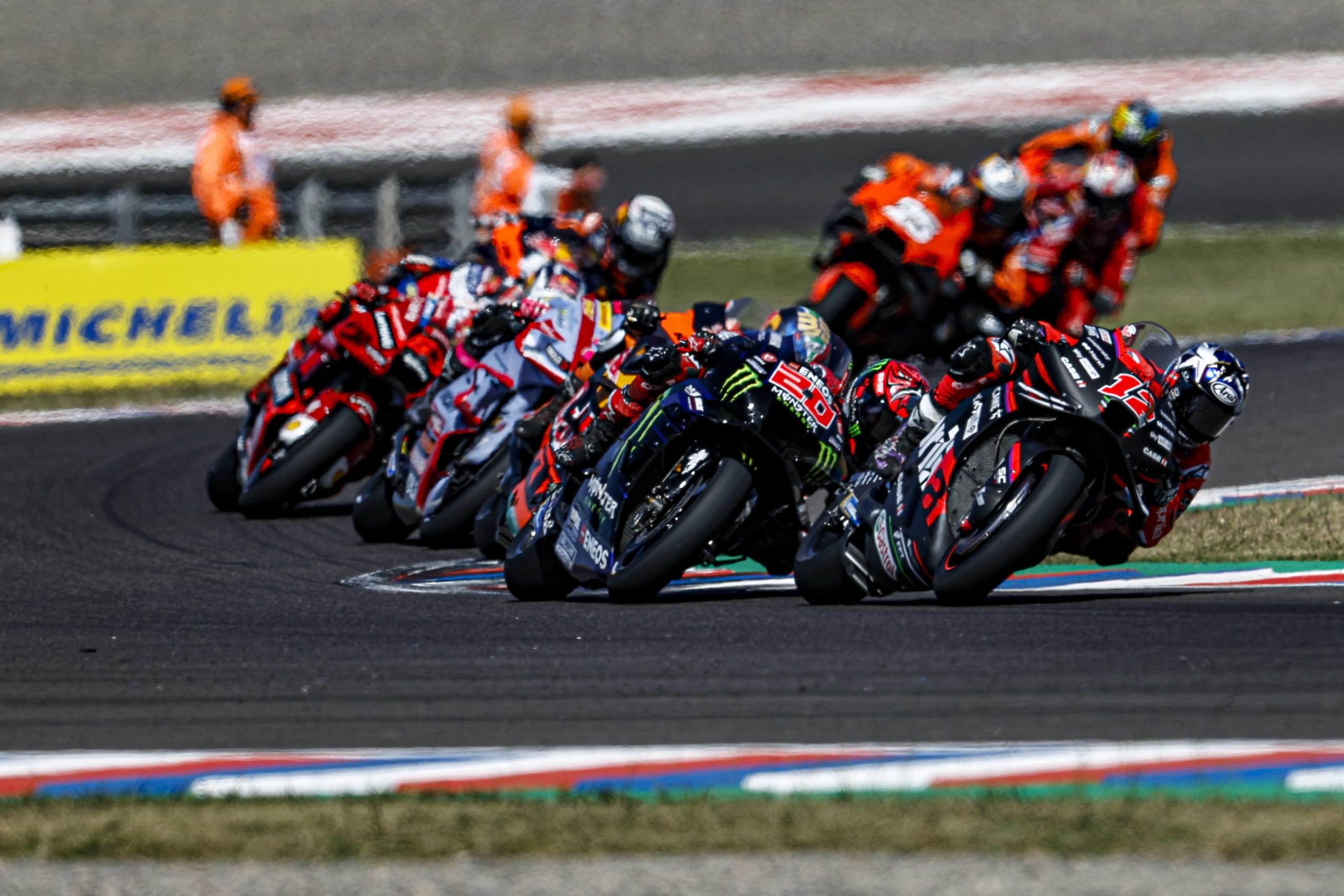 A view of the bike that Aprilia Racer Aleix Espargaró used to snatch the first trophy for Aprilia since 2004