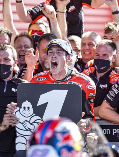 A view of the bike that Aprilia Racer Aleix Espargaró used to snatch the first trophy for Aprilia since 2004