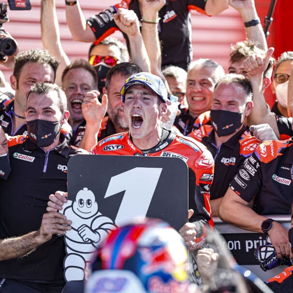 A view of the bike that Aprilia Racer Aleix Espargaró used to snatch the first trophy for Aprilia since 2004