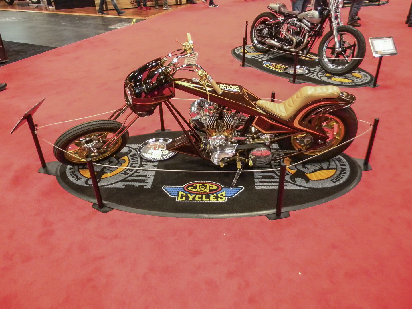 A view of a custom motorcycle created in commemoration of the Ultimate Builders Custom Bike Show