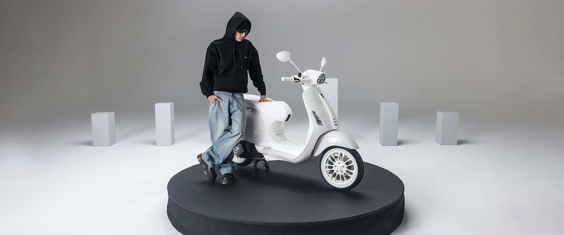 A view of Justin Bieber's recent collaboration with Vespa, including his use of a machine pre-collab