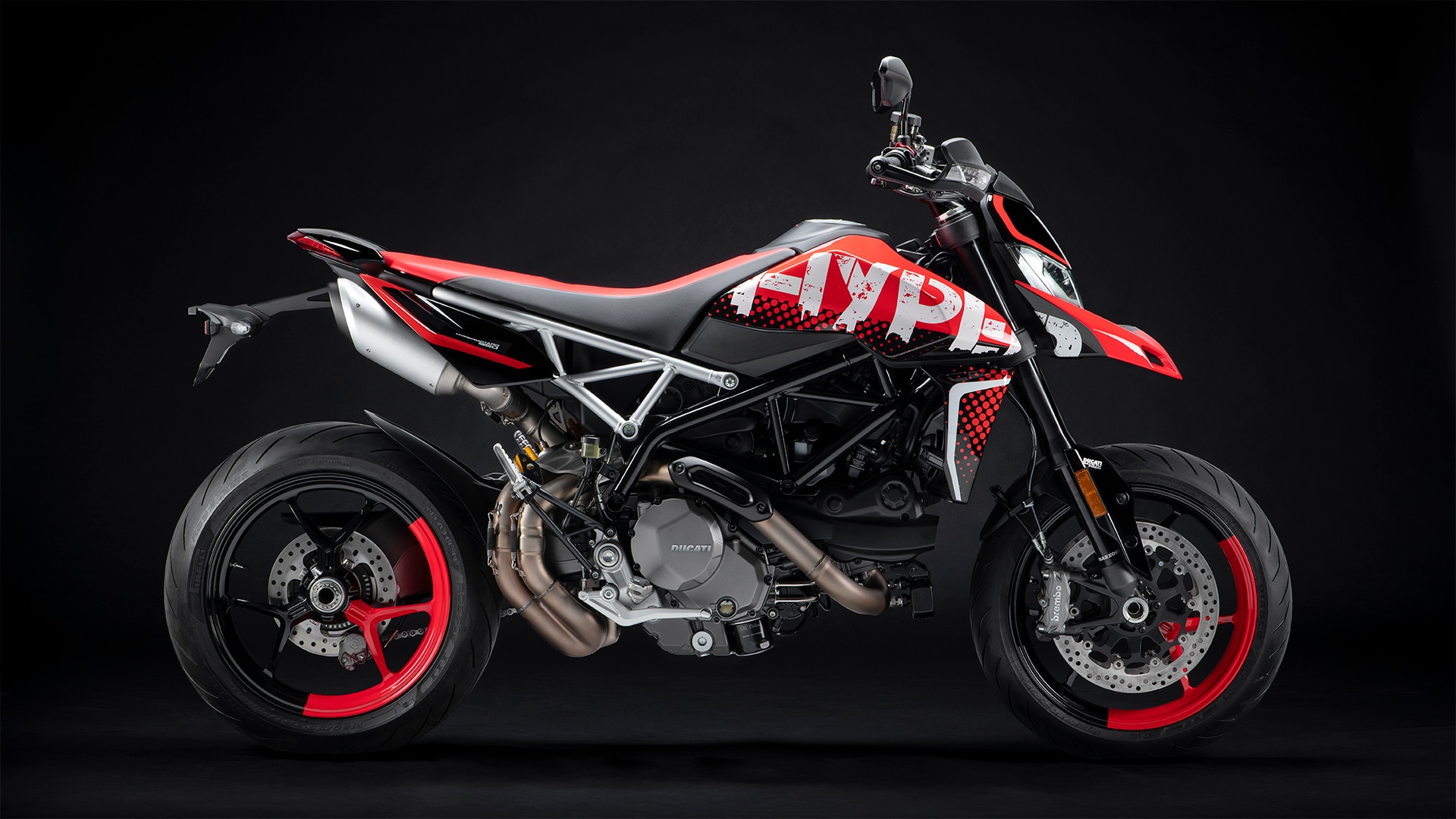 A view of Ducati's new Hypermotard 950 RVE, with neat 'graffiti' graphics and paint scheme 