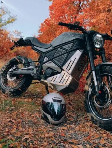 A view of the ScrAmper electric motorcycle from EmGo Technologies