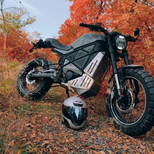 A view of the ScrAmper electric motorcycle from EmGo Technologies