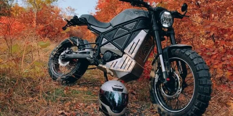 A view of the ScrAmper electric motorcycle from EmGo Technologies