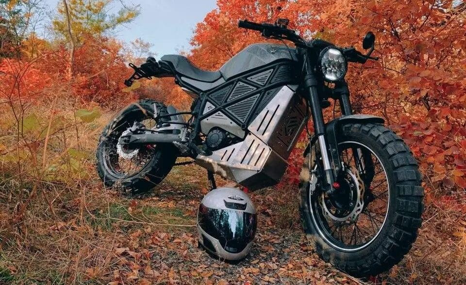 A view of the ScrAmper electric motorcycle from EmGo Technologies