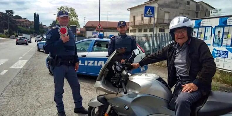 an 86 year old Italian on a BMW motorcycle