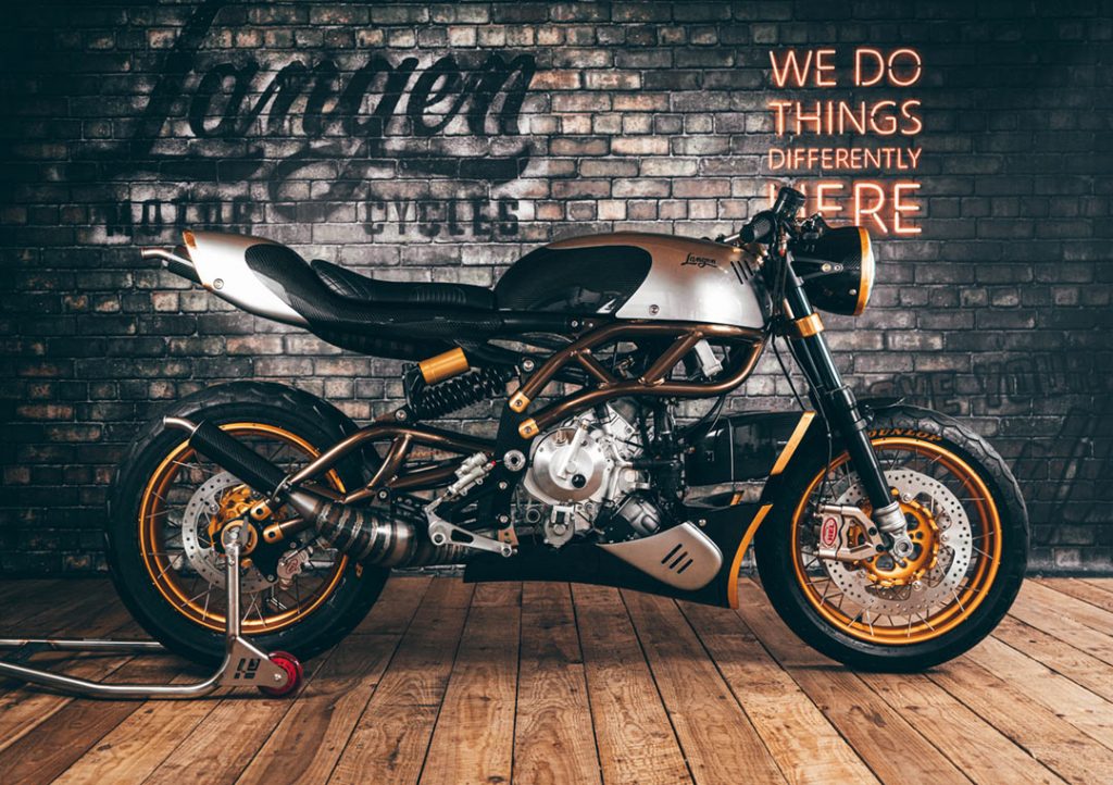A view fo the two-stroke by Langem Motorcycles that has inspired the production of a four-stroke and eventual electric motorcycle models for the brand