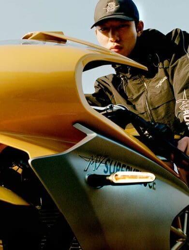 A view of an MV Agusta machine with Agusta's new apparel collection featured via the rider