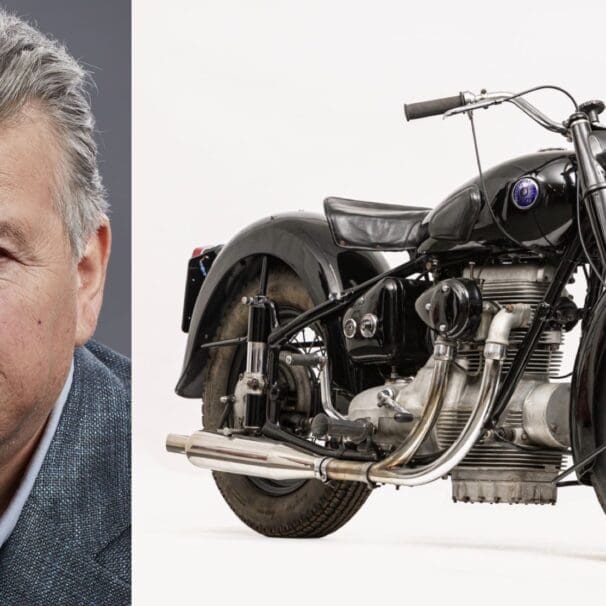 A view of the late Robbie Coltrane with his sunbeam S7 Deluxe, which is currently available on Bonhams auction for purchase