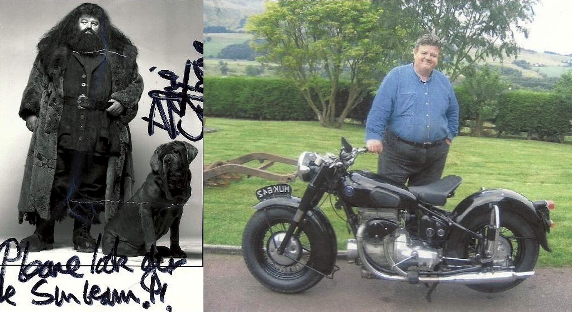 A view of the late Robbie Coltrane with his sunbeam S7 Deluxe, which is currently available on Bonhams auction for purchase